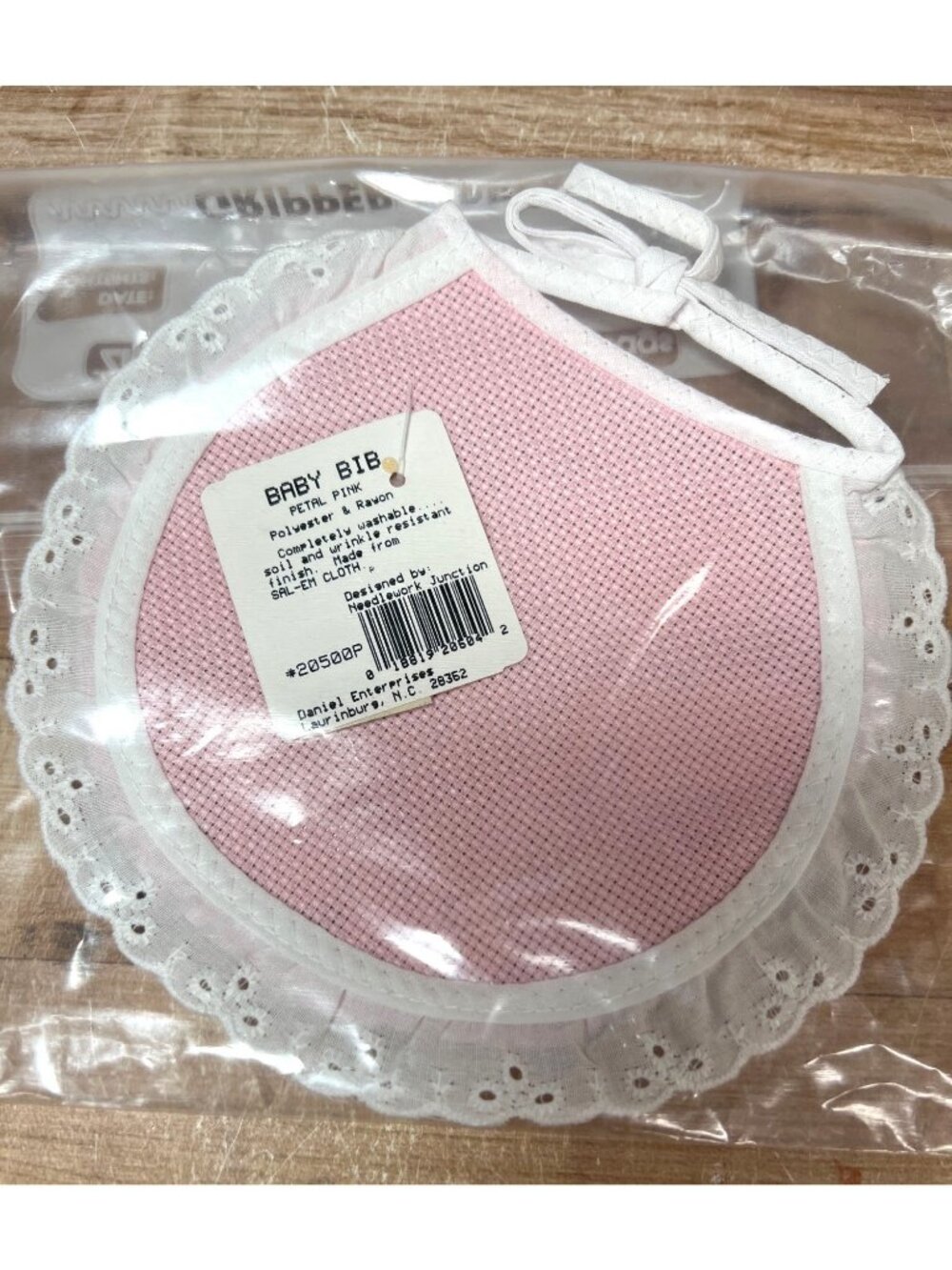 Cross Stitch Baby Bib Petal Pink With Lace Trim - Polyester & Rayon Materia